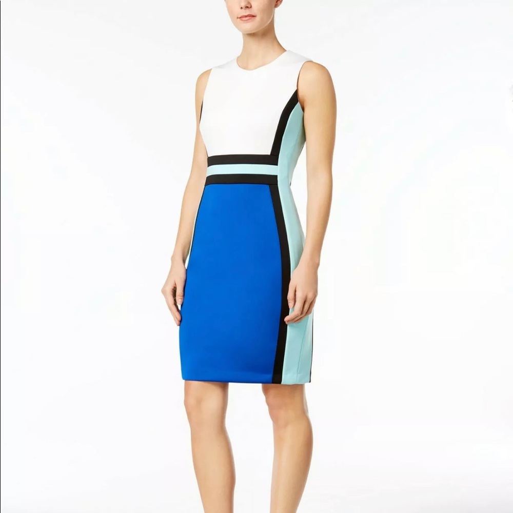 Calvin Klein White & Blue Color block Sheath Dress